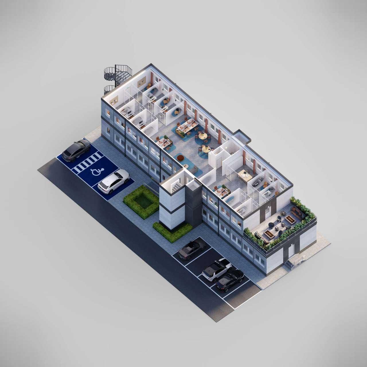 3D tekening van flexibel modulair gebouw van Adapteo