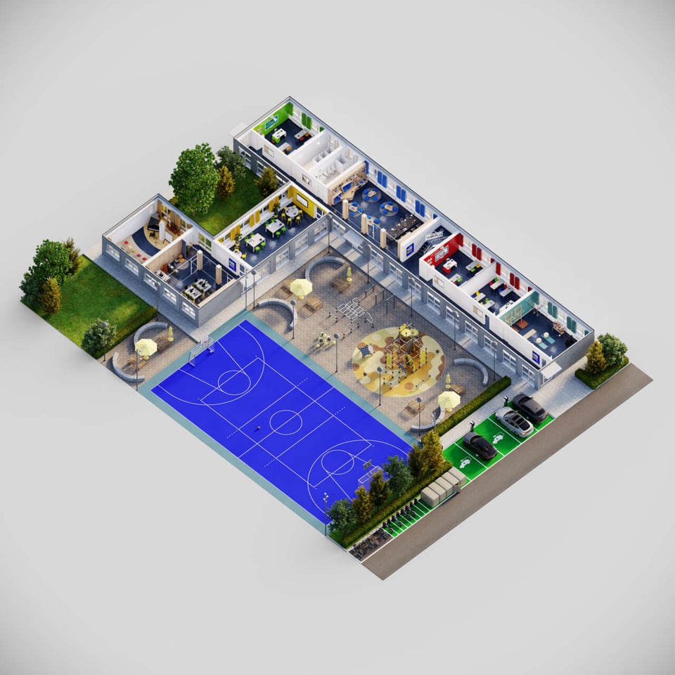 Plattegrond van voorbeeld modulaire school inclusief sportveld